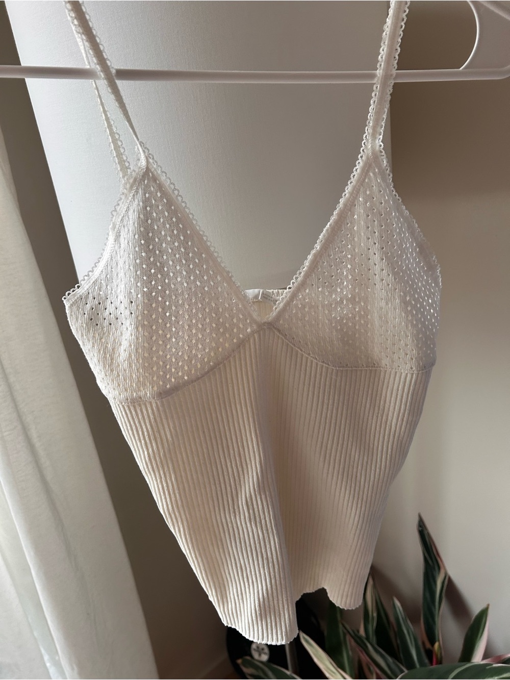 Zara Cream Ribbed Lace-Trim Cami